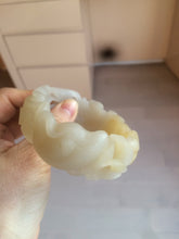 Load image into Gallery viewer, 54mm 100% natural light yellow/beige/gray 3D carved lotus and kissing love birds Quartzite (Shetaicui jade) jade bangle SY69