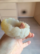 Load image into Gallery viewer, 54mm 100% natural light yellow/beige/gray 3D carved lotus and kissing love birds Quartzite (Shetaicui jade) jade bangle SY69