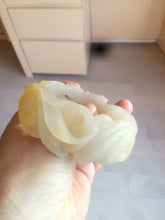 Load image into Gallery viewer, 54mm 100% natural light yellow/beige/gray 3D carved lotus and kissing love birds Quartzite (Shetaicui jade) jade bangle SY69