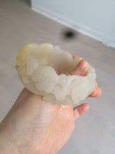 Load image into Gallery viewer, 54mm 100% natural light yellow/beige/gray 3D carved lotus and kissing love birds Quartzite (Shetaicui jade) jade bangle SY69