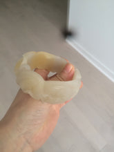 Load image into Gallery viewer, 54mm 100% natural light yellow/beige/gray 3D carved lotus and kissing love birds Quartzite (Shetaicui jade) jade bangle SY69