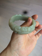 Load image into Gallery viewer, 53mm 100% natural light green/gray Quartzite (Shetaicui jade) 3D carved Magpie and Peony bangle XY62