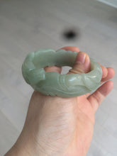 Load image into Gallery viewer, 53mm 100% natural light green/gray Quartzite (Shetaicui jade) 3D carved Magpie and Peony bangle XY62