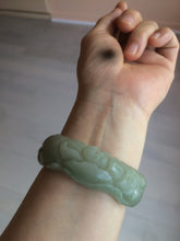 Load image into Gallery viewer, 53mm 100% natural light green/gray Quartzite (Shetaicui jade) 3D carved Magpie and Peony bangle XY62