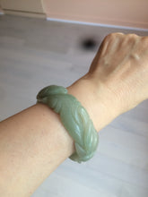 Load image into Gallery viewer, 53mm 100% natural light green/gray Quartzite (Shetaicui jade) 3D carved Magpie and Peony bangle XY62