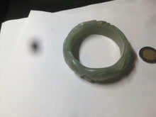 Load image into Gallery viewer, 53mm 100% natural light green/gray Quartzite (Shetaicui jade) 3D carved Magpie and Peony bangle XY62