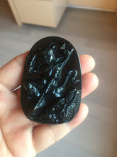 Load image into Gallery viewer, 100% Natural clear dark green/black jadeite jade(Mocui, 墨翠) Nezha(哪吒) defeated the dragon king Pendant/handhold worry stone BL139