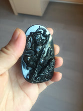 Load image into Gallery viewer, 100% Natural clear dark green/black jadeite jade(Mocui, 墨翠) Nezha(哪吒) defeated the dragon king Pendant/handhold worry stone BL139
