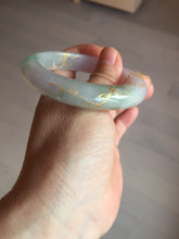 Load image into Gallery viewer, 53.3mm 100% Natural type A sunny green purple brown gray white carved flowers and golden-painted Jadeite Jade bangle BG231-5035