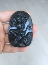 Load image into Gallery viewer, 100% Natural clear dark green/black jadeite jade(Mocui, 墨翠) Nezha(哪吒) defeated the dragon king Pendant/handhold worry stone BL139