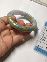 Load image into Gallery viewer, 55.5mm 100% Natural type A green purple carved plum blossom and golden-painted Jadeite Jade bangle PB226-0257