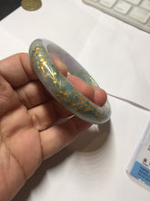 Load image into Gallery viewer, 55.5mm 100% Natural type A green purple carved plum blossom and golden-painted Jadeite Jade bangle PB226-0257