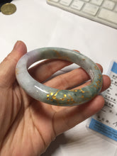 Load image into Gallery viewer, 55.5mm 100% Natural type A green purple carved plum blossom and golden-painted Jadeite Jade bangle PB226-0257
