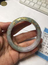 Load image into Gallery viewer, 55.5mm 100% Natural type A green purple carved plum blossom and golden-painted Jadeite Jade bangle PB226-0257