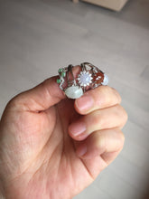 Load image into Gallery viewer, 100% natural type A icy watery light green sunny green brown red clear four-prong jadeite jade ring group PC9