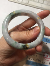 Load image into Gallery viewer, 55.4mm 100% Natural type A green purple white carved flowers and golden-painted Jadeite Jade bangle PB228-0264