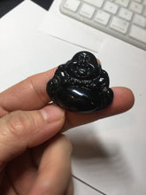 Load image into Gallery viewer, 100% Natural dark green/black jadeite jade(Mocui, 墨翠) happy buddha Pendant/handhold worry stone BL138