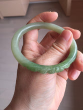 Load image into Gallery viewer, 54.3mm certificated 100% Natural green/gray 翠青 with carved peony slim nephrite Jade bangle HHE101-8780