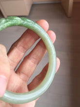 Load image into Gallery viewer, 54.3mm certificated 100% Natural green/gray 翠青 with carved peony slim nephrite Jade bangle HHE101-8780