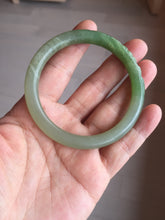 Load image into Gallery viewer, 54.3mm certificated 100% Natural green/gray 翠青 with carved peony slim nephrite Jade bangle HHE101-8780