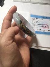 Load image into Gallery viewer, 54mm 100% Natural type A dark green purple white carved plum bossom and golden-painted Jadeite Jade bangle BP166-0266