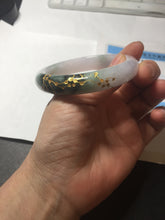 Load image into Gallery viewer, 54mm 100% Natural type A dark green purple white carved plum bossom and golden-painted Jadeite Jade bangle BP166-0266