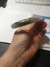 Load image into Gallery viewer, 54mm 100% Natural type A dark green purple white carved plum bossom and golden-painted Jadeite Jade bangle BP166-0266