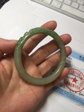 Load image into Gallery viewer, 54.3mm certificated 100% Natural green/gray 翠青 with carved peony slim nephrite Jade bangle HHE101-8780