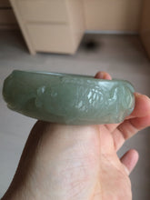 Load image into Gallery viewer, 60.8mm 100% natural dark green/gray  carved fish and lotus(年年有余) Quartzite (Shetaicui jade) bangle SY61