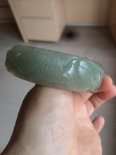 Load image into Gallery viewer, 60.8mm 100% natural dark green/gray  carved fish and lotus(年年有余) Quartzite (Shetaicui jade) bangle SY61