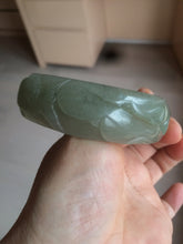 Load image into Gallery viewer, 60.8mm 100% natural dark green/gray  carved fish and lotus(年年有余) Quartzite (Shetaicui jade) bangle SY61