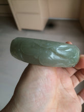 Load image into Gallery viewer, 60.8mm 100% natural dark green/gray  carved fish and lotus(年年有余) Quartzite (Shetaicui jade) bangle SY61