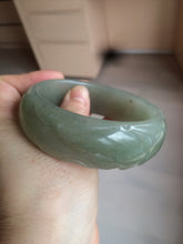 Load image into Gallery viewer, 60.8mm 100% natural dark green/gray  carved fish and lotus(年年有余) Quartzite (Shetaicui jade) bangle SY61