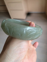Load image into Gallery viewer, 60.8mm 100% natural dark green/gray  carved fish and lotus(年年有余) Quartzite (Shetaicui jade) bangle SY61