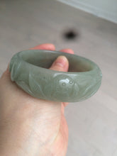 Load image into Gallery viewer, 60.8mm 100% natural dark green/gray  carved fish and lotus(年年有余) Quartzite (Shetaicui jade) bangle SY61
