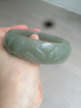 Load image into Gallery viewer, 60.8mm 100% natural dark green/gray  carved fish and lotus(年年有余) Quartzite (Shetaicui jade) bangle SY61