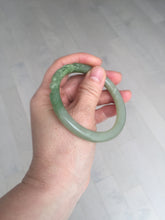 Load image into Gallery viewer, 54.3mm certificated 100% Natural green/gray 翠青 with carved peony slim nephrite Jade bangle HHE101-8780