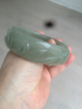 Load image into Gallery viewer, 60.8mm 100% natural dark green/gray  carved fish and lotus(年年有余) Quartzite (Shetaicui jade) bangle SY61