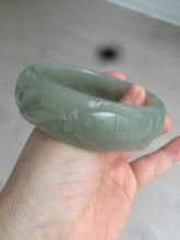 Load image into Gallery viewer, 60.8mm 100% natural dark green/gray  carved fish and lotus(年年有余) Quartzite (Shetaicui jade) bangle SY61