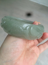 Load image into Gallery viewer, 60.8mm 100% natural dark green/gray  carved fish and lotus(年年有余) Quartzite (Shetaicui jade) bangle SY61