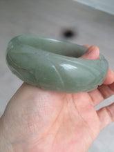 Load image into Gallery viewer, 60.8mm 100% natural dark green/gray  carved fish and lotus(年年有余) Quartzite (Shetaicui jade) bangle SY61