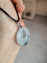 Load image into Gallery viewer, 26.2/5.5mm 100% Natural icy watery green/white with green floating flowers jadeite Jade Safety Guardian Button(donut) Pendant/worry stone BF47