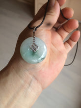 Load image into Gallery viewer, 25.4/6.2mm 100% Natural icy watery green/white with green floating flowers jadeite Jade Safety Guardian Button(donut) Pendant/worry stone BF46