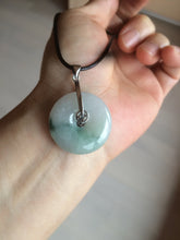 Load image into Gallery viewer, 25.4/6.2mm 100% Natural icy watery green/white with green floating flowers jadeite Jade Safety Guardian Button(donut) Pendant/worry stone BF46