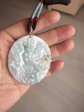 Load image into Gallery viewer, Type A 100% Natural light green/white carved plum blossoms and sika deer (Flowers all the way, 一路繁花)jadeite Jade Pendant AA26