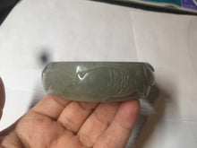 Load image into Gallery viewer, 60.8mm 100% natural dark green/gray  carved fish and lotus(年年有余) Quartzite (Shetaicui jade) bangle SY61