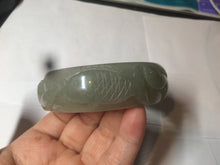 Load image into Gallery viewer, 60.8mm 100% natural dark green/gray  carved fish and lotus(年年有余) Quartzite (Shetaicui jade) bangle SY61