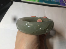 Load image into Gallery viewer, 60.8mm 100% natural dark green/gray  carved fish and lotus(年年有余) Quartzite (Shetaicui jade) bangle SY61