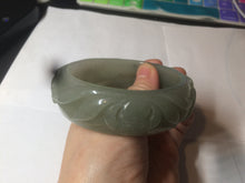 Load image into Gallery viewer, 60.8mm 100% natural dark green/gray  carved fish and lotus(年年有余) Quartzite (Shetaicui jade) bangle SY61