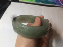 Load image into Gallery viewer, 60.8mm 100% natural dark green/gray  carved fish and lotus(年年有余) Quartzite (Shetaicui jade) bangle SY61